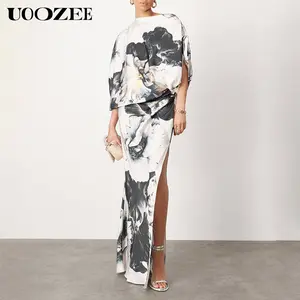UOOZEE 2026 New Women's Fashion Asymmetric One-Shoulder Evening Satin Dresses, Floral Printed Long Dress for Summer Art Asymmetric Bat Sleeves One-Shoulder Party Dress(One Size Up Recommended for C - Cup and Above)