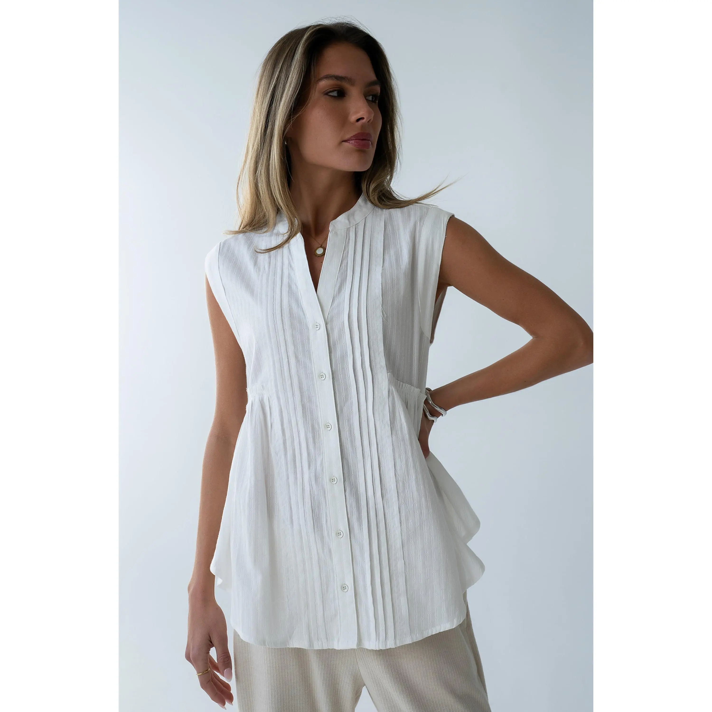 Women's Halle Pleated Halter Blouse - Casual Sleeveless, Buttoned Split Neckline, Sheer Flowy 100% Cotton, Loose-Fitting, Hand Wash Only, X-Small Halter Blouses & Shirts