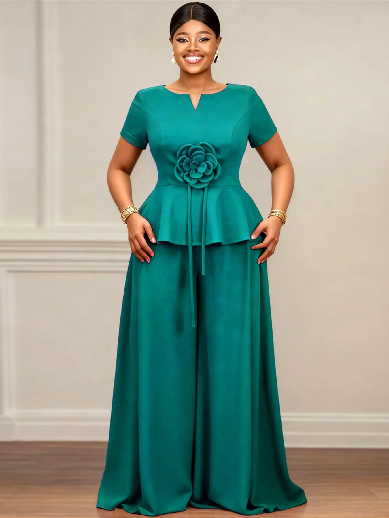 AOMEI Womens 2 Piece Outfits 3D Flower Short Sleeve Peplum Top Flowy Wide Leg Palazzo Pants Set