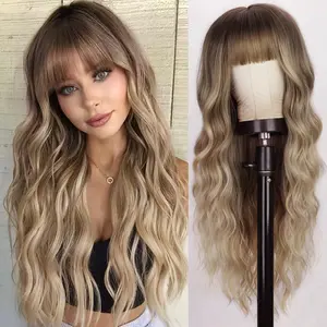 Blonde Wig With Bangs 26 Inches Long Wavy Curly Ombre Blond Wig with Dark Root Synthetic Heat Resistant Wigs for Women Daily Party Use Honey Blonde Wig