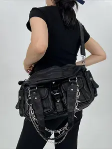Ladies' retro casual handbag, Casual crossbody bag, Casual trendy bag, personalized chain Y2K motorcycle bag, street style washed plain imitation leather city bag, suitable for work, commuting, large capacity multi pocket single shoulder crossbod