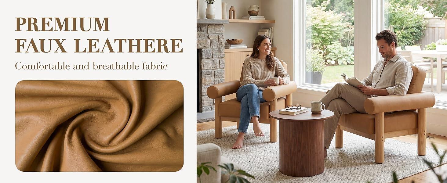 HNY Modern Accent Chair, Faux Leather Barrel Chairs, Comfy Side Arm Chairs with Solid Wood Frame for Living Room,  Aesthetic Room Decor, Light Brown