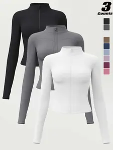 Women's All-Season Sports Jacket, Long Sleeve Stand Collar, Slim Fit Thumb Hole, Running Fitness Yoga Top, S-3xl, Choose One Size Up, Workout Running Clothes
