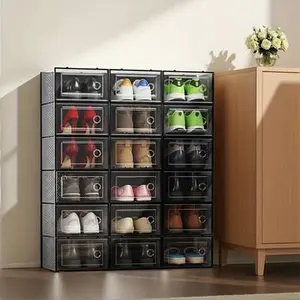 12 Pack Large Shoe Storage Organizer for Closet, Modular Space Saving Shoe Boxes Clear Plastic Stackable Containers Display Case Bins with Lids, Shoe Rack for Sneaker Storage, Colour: Black