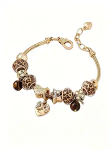 Fashion Leopard Print Beaded Charm Bracelet, Butterfly Heart Clover Tiger Eye Stone DIY Bracelet, Perfect for Women's Daily Wear and Parties