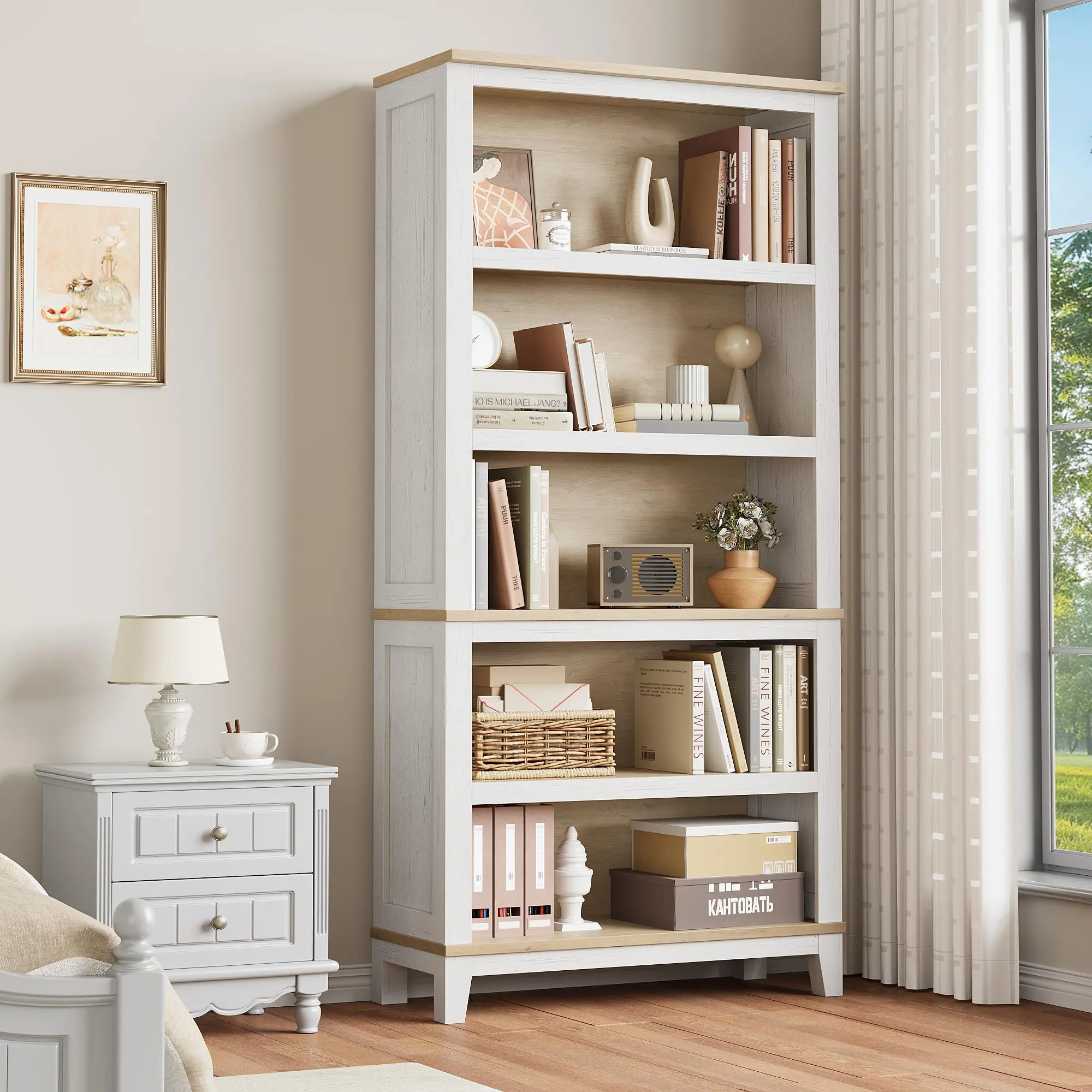 71" Farmhouse Bookcase w/Adjustable Shelves & 31.5" Width, 5 Tier Tall Bookshelf with Wooden Legs, Rustic Vintage Book Shelf for Living Room Office Library (White+Wood)