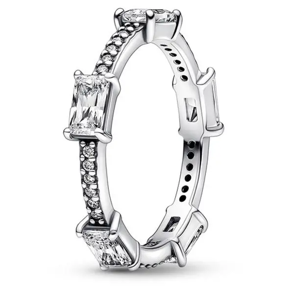 Pandora Silver Classic Rectangular Bars Ring, 192397C01, Sparkling Pave with 5 Larger Singular Stones & Cubic Zirconia for Elegance