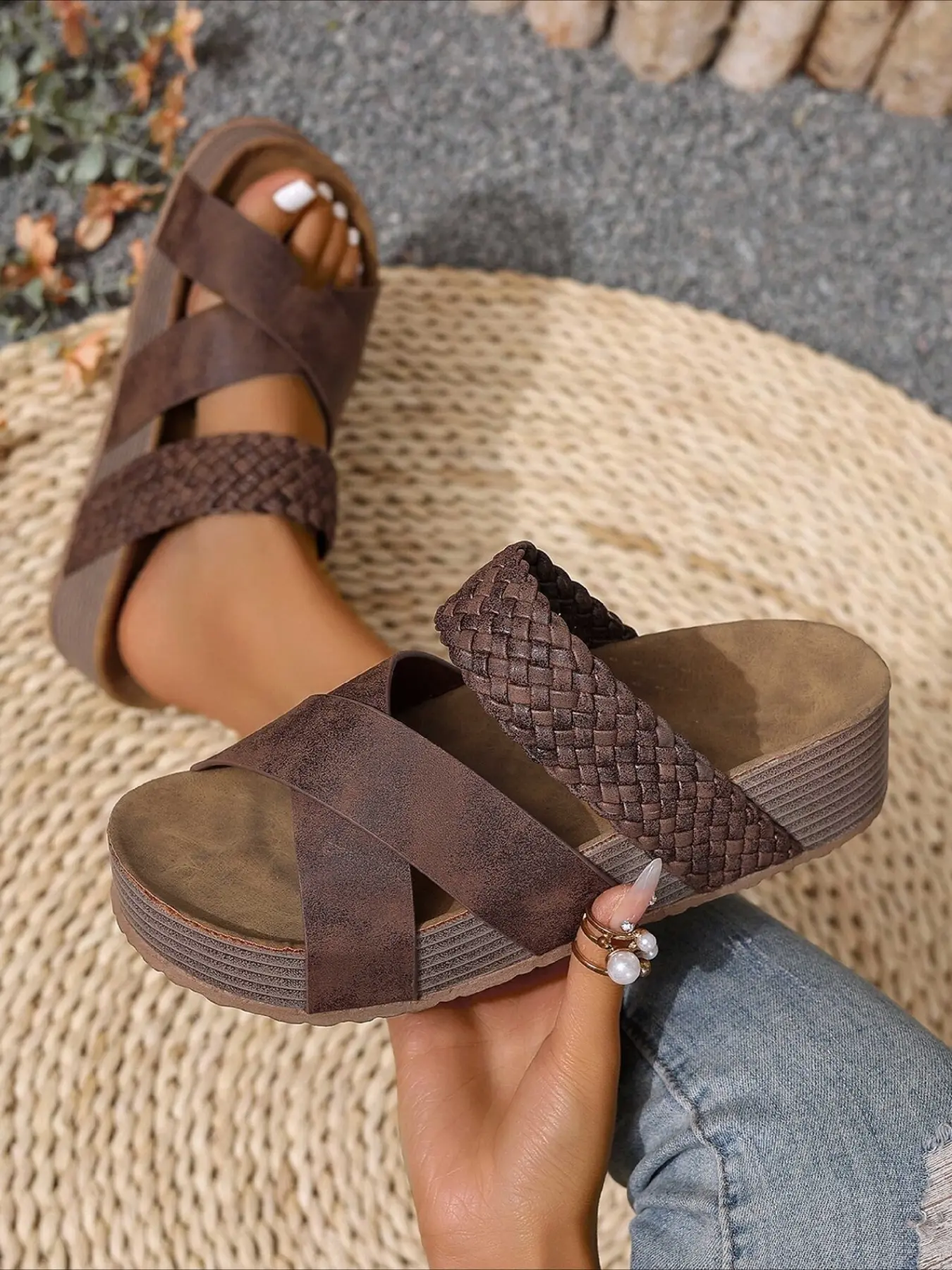 Cork insoles! Woven thick-soled slippers for women, Summer, Casual summer footwear, suitable for outdoor wear, comfortable, slip-resistant, and cool. Sandal