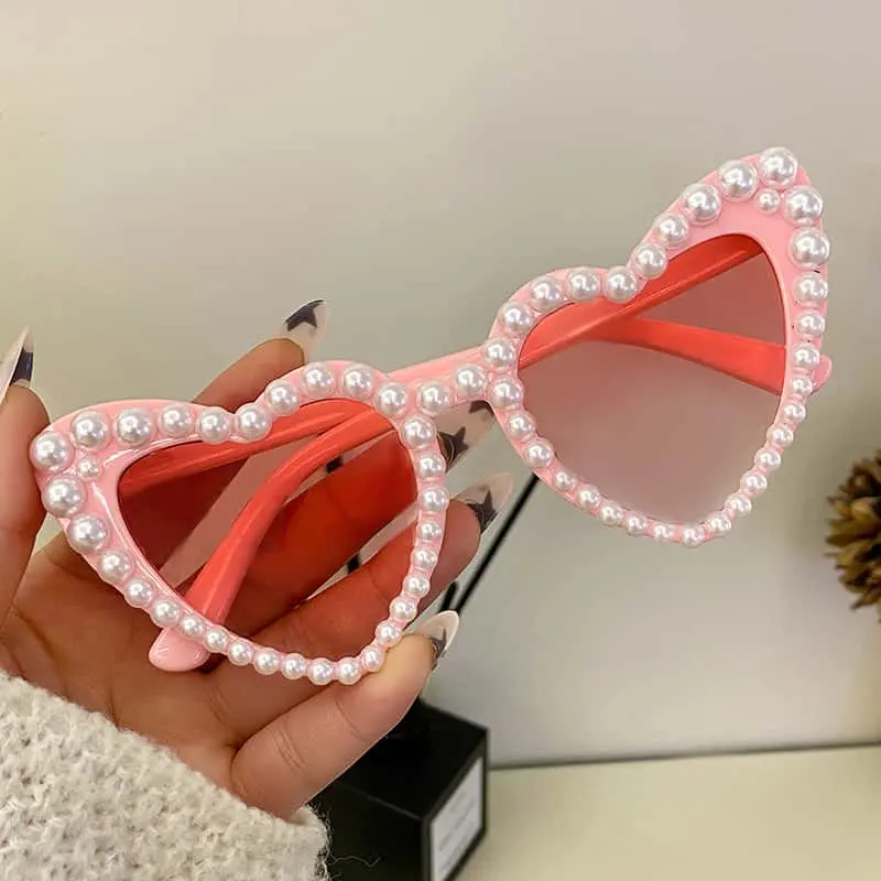 Retro Heart-Shaped Imitation Pearl Cat Eye Glasses for Women, Trendy Beach Party Accessories, Perfect Photo Prop for Special Events, Party Sunglasses