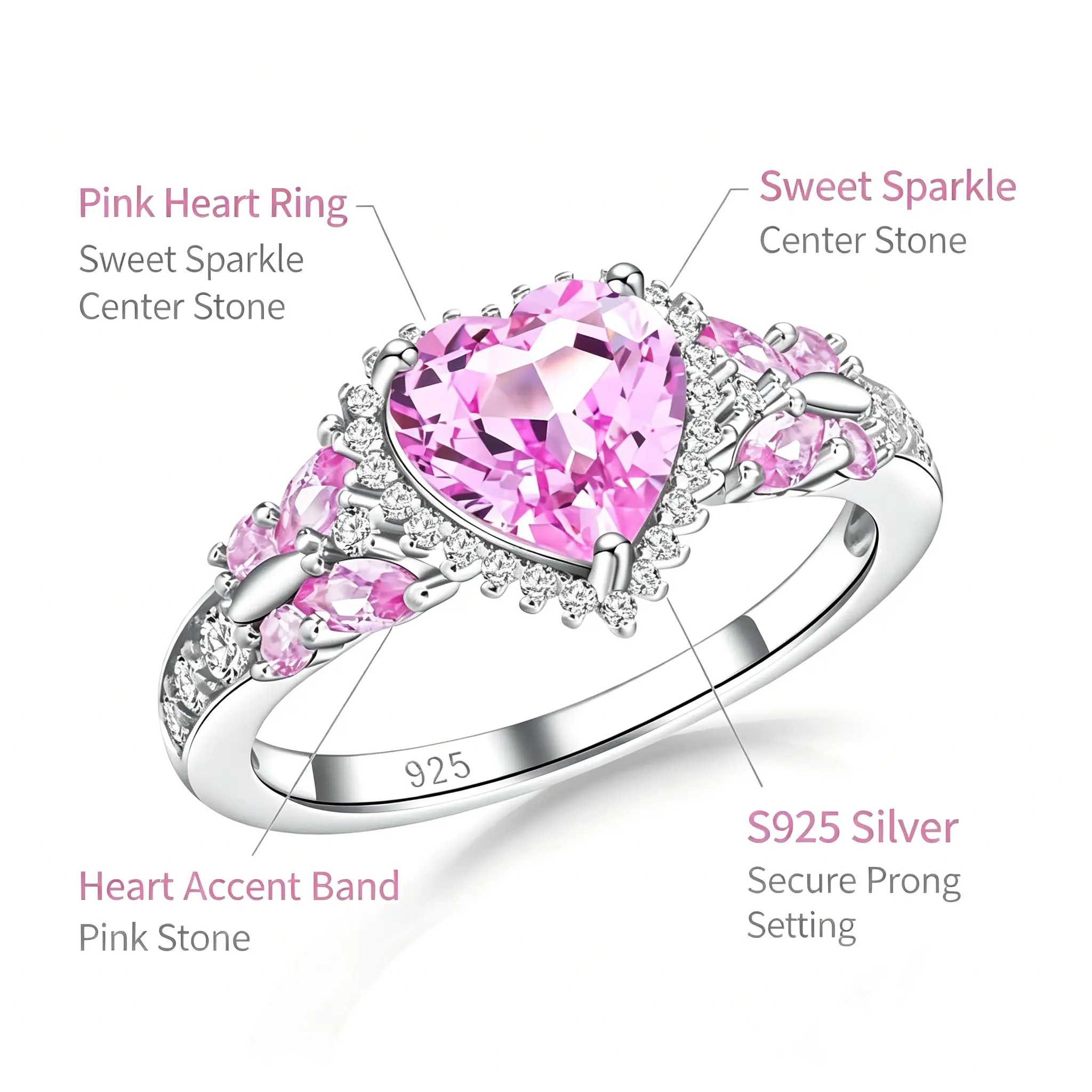 3CT Pink Heart Moissanite queen Ring, S925 Silver with Pink Side Accent Stones, Sweet Romantic Statement Promise Ring for Women princess dainty ring