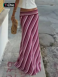 Pink Purple Striped Diagonal Maxi Skirt High Waist Foldover Waistband Elastic Pull On Stretch Jersey Knit Flowy Bodycon Boho, Bohemian Vacation Beach Cover Up Resort Wear Summer Light Drape Retro Y2K Slimming Street Style Sunset Outfit Lightweight