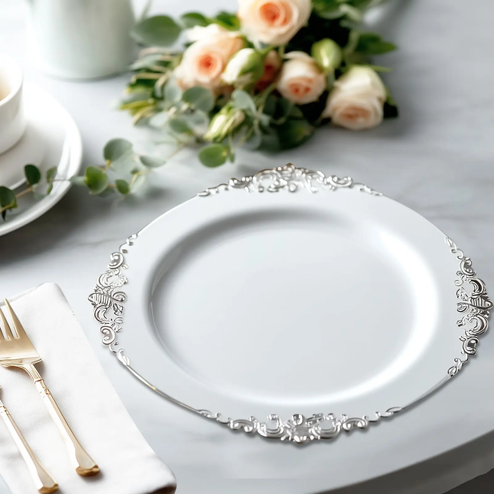 13 in Economy Plastic Round Charger Plates, 20-Pack White with Silver Embossed Baroque Rim, Formal Dinner Party Supplies for Home Weddings, 13 Inches