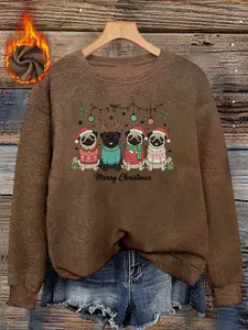 Christmas Pug Dog Print Faux Sweater, Long Sleeve Round Neck Pullover, Soft Elastic Fabric, Casual Fall & Winter Top for Women