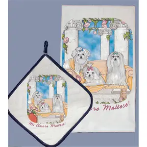212 MAIN Pipsqueak Productions Maltese Theme Kitchen Dish Towel and Pot Holder Set, Absorbent Cotton Cleaning Gift