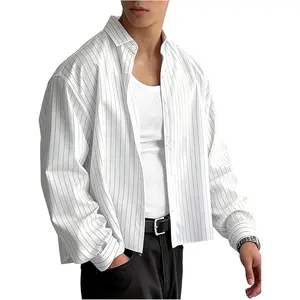 GORGLITTER Men's Cropped Button Down Shirts Striped Long Sleeve Oversized Casual Shirt Hip Hop Streetwear