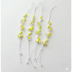 2pcs Yellow Mini Phone Charm - Yellow Beaded Floral Design with White String for Phone Accessory