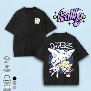 Vintage Togepi Evolution Anime Double Oversized Washed Tee Unisex Anime Lover Cotton Fabric men gifts merch Stylish Clothes Streetwear Relaxed FitS