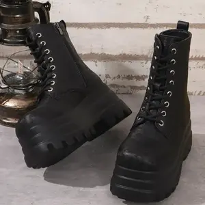 Valentine's Day Women's Square Toe Solid Color Lace Up Ankle Platform Boots, Casual Comfortable Platform Boots for Daily Wear, Female All-match Trend Shoes for Winter, Winter Warm Boots