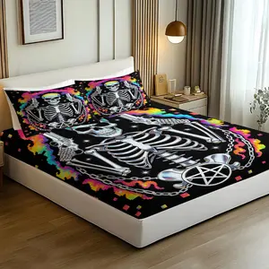 3PCS Neon Rainbow Skeleton Fitted Sheet Set, Retro Pixel Art Bed Sheet Set, Soft Microfiber Bedding Set (No Fillers), Gothic Skeleton Gun Pentagram Print Mattress Cover for Edgy Teens, Bedroom & Dorm Decor