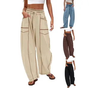 Womens Baggy Barrel Pants Wide Leg Lounge Drawstring Sweatpants with Pockets in Multiple Colors