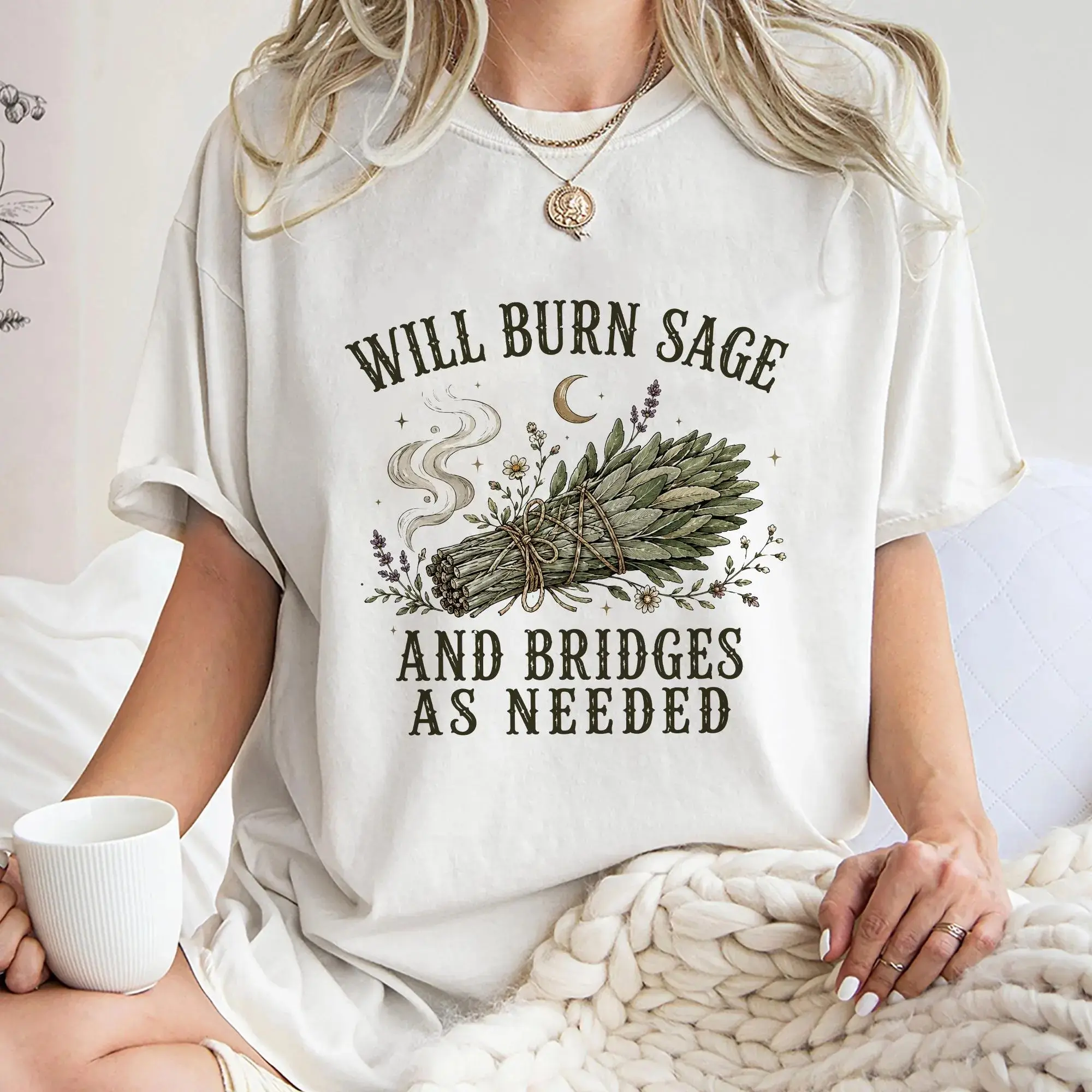 Women's Will Burn Sage Graphic T-Shirt, Witchy Cottagecore Cotton Blend Short Sleeve Spiritual Humor Top, Shortsleeve, Soft, Casual, Tshirt, Tee