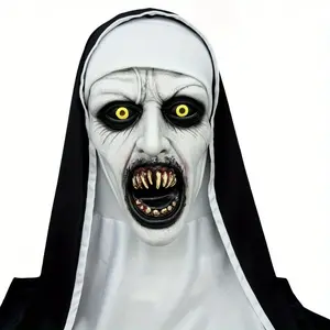 Halloween Horror Spooky Nun Mask, Skeleton Mask, Synthetic Latex, Hand Washable, Street Style Costume Accessory, Perfect for Halloween Parties & Events