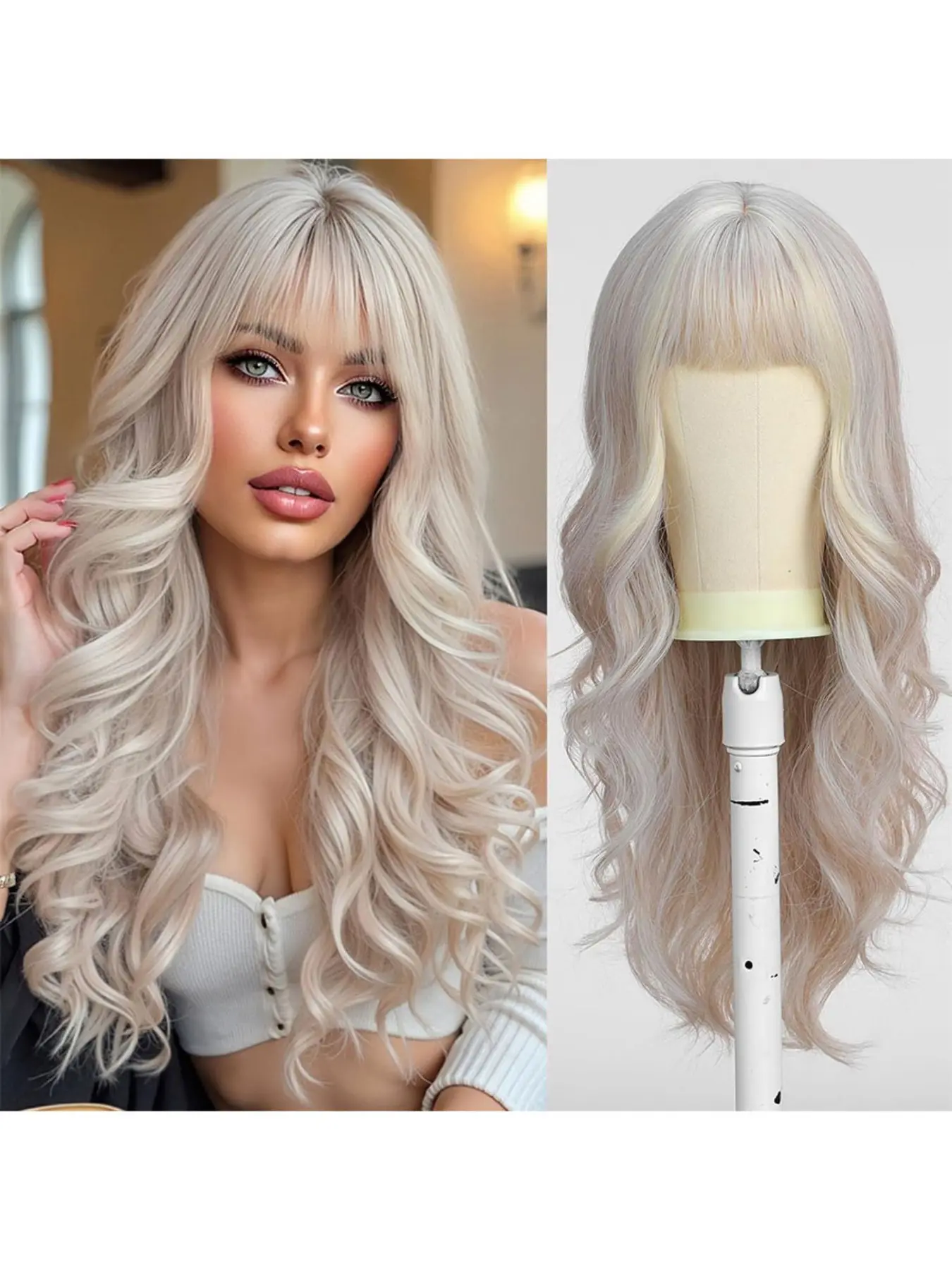 26inch Long Wavy Platinum Blonde Wig for Women Natural Synthetic Hair Heat Resistant white Wigs with Fringe Synthetic Fiber Wigs
