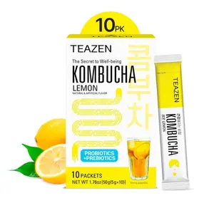 TEAZEN Lemon Kombucha Tea, Sugar Free, Sparkling Fermented Powdered Mix Beverage from Korea, Live Probiotics & Prebiotics, 10 Sticks, 1.76oz (Lemon)