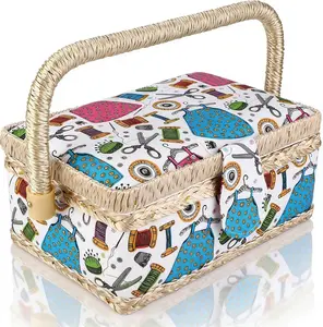 Fabric Covered Sewing Basket, Sewing Kit Organizer and Storage Box with Removable Tray, Vintage Sewing Kits Carrying Bag with Insert Organizer for Sewing Knitting and Hobby Supplies