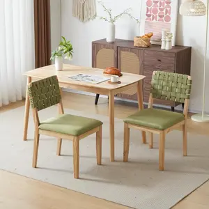 VINGLI Woven Wooden Dining Chairs Set of 2,Armless Mid Century Modern Desk Chairs with Rivet&Foot Pegs,Upholstered Farmhouse Comfy Chair No Wheels for Dining Room,Living Room,Oak,Suede