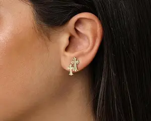 A pair Gold Double Cross Stud Earrings for Women and Men Hypoallergenic Lightweight Accessory with Zircon Decoration