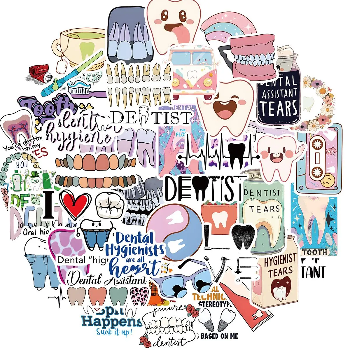 Cartoon Dental Pattern Sticker, 50pcs/set Funny Tooth Sticker, Cute Dentist Sticker for Water Bottle, Laptop, Luggage, Phone, Decor