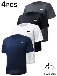 4-Pack Men's Sportswear Tees, Breathable Quick-Dry Sporty Round Neck, Reflective Stripes, Moisture-Wicking Polyester, Ideal for Running, Cycling, Gym