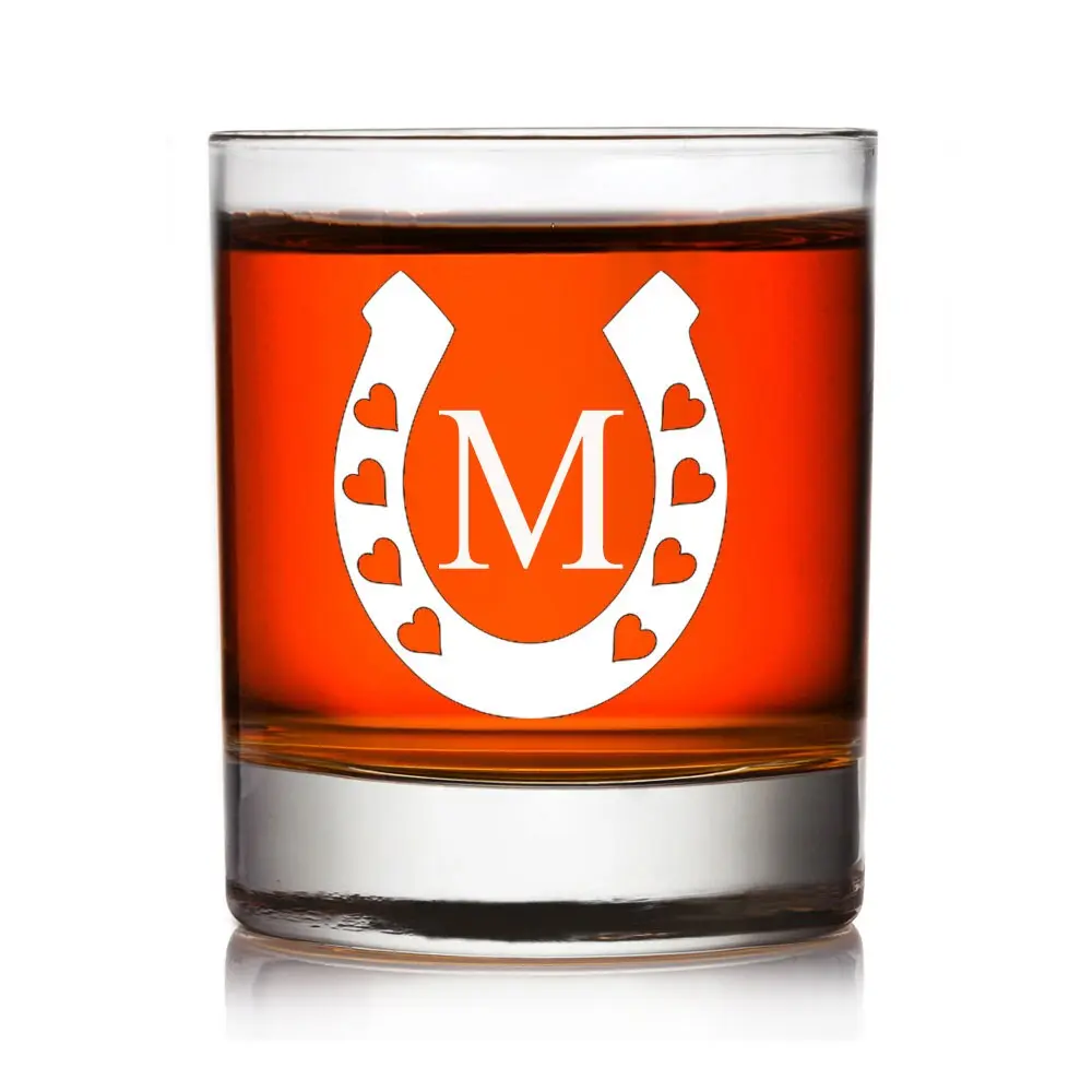 Personalized Lucky Horseshoe Monogram Whiskey Glass, Custom Monogram Rocks Glass Gift ,Wedding Party Gift, Engraved Groomsman Whiskey Glass,
