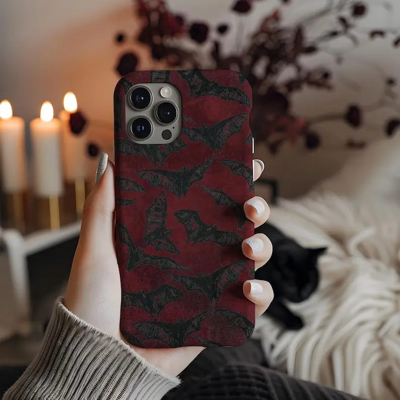 Gothic Grunge Bats Red Black Halloween Luxe Glam Cell Phone Case, Vintage Goth IP 11 12 13 14 15 16 17 Pro, Plus, Promax, S21,22,23,24,25 Ultra, Tough Case, Magsafe Case