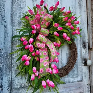 16-Inch Artificial Tulip Wreath, Spring Flower Decoration, Printed Ribbon, Front Door, Mother's Day, Farmhouse Home Decor
