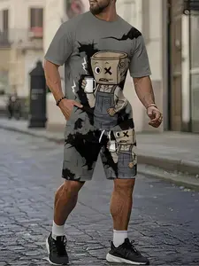 Men's Casual Fashion Set, British Style Sports Quick-Dry Two-Piece Set, Cartoon T-Shirt + Shorts, Breathable Sporty Look