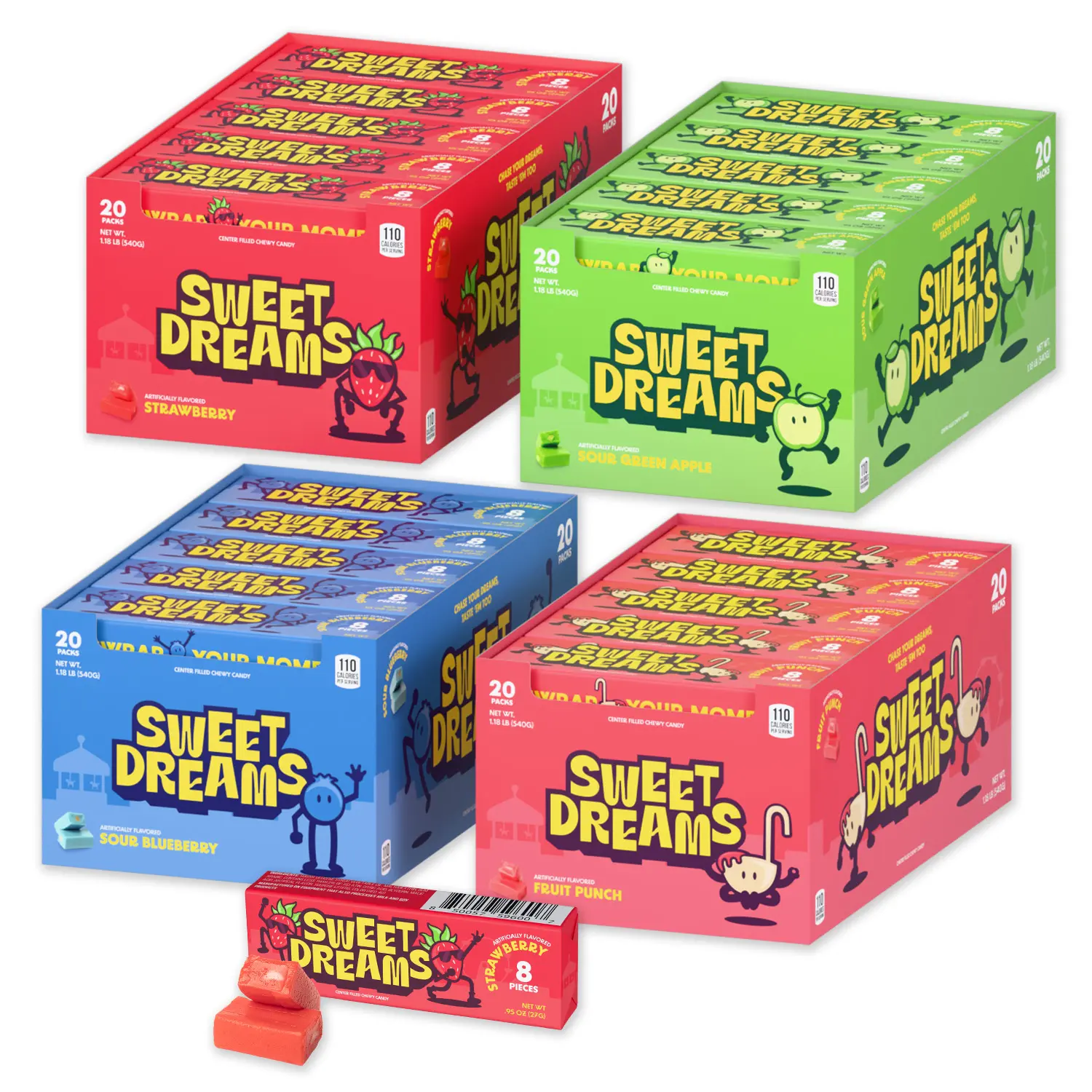 Sweet Dreams Center-Filled Soft Chewy Candy  Gluten-Free Fruit Chews | Variety Pack- 20 Sticks Per Box- 8 Pieces Per Stick