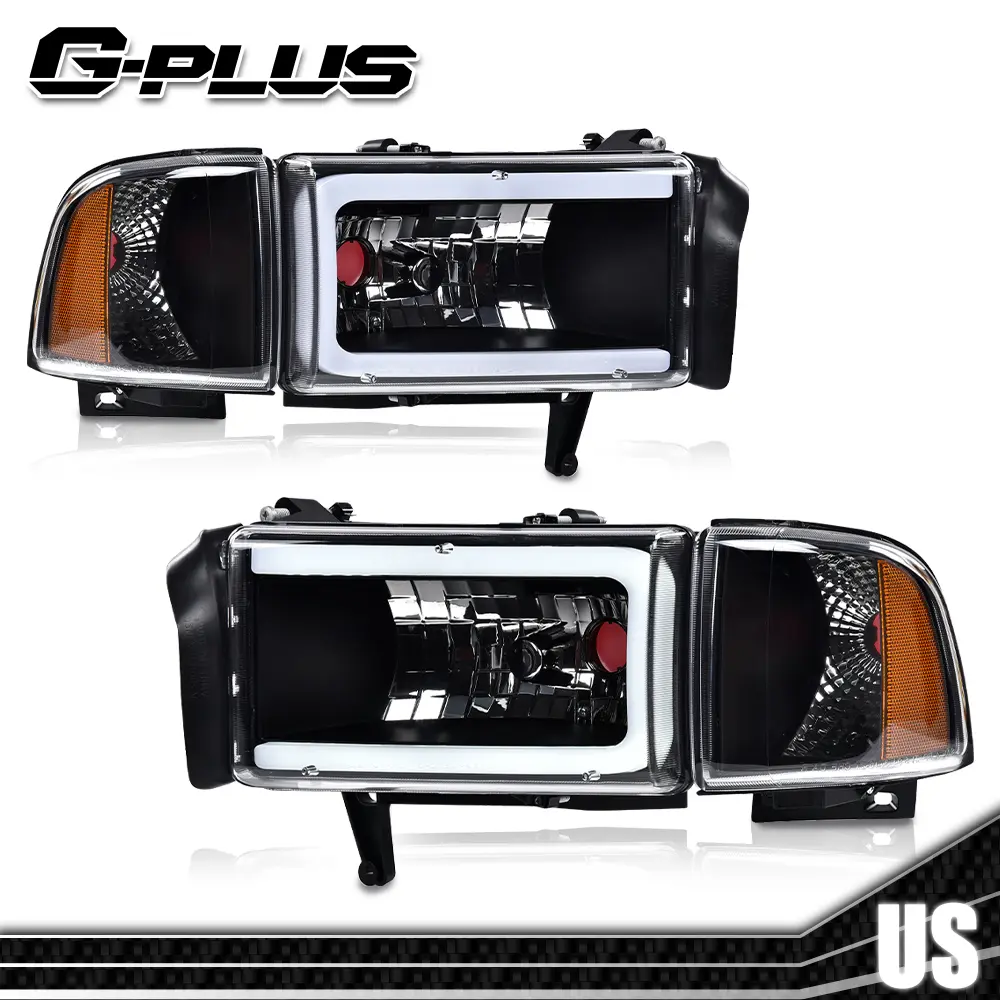 G-PLUS LED Car Bulb Headlight Assemblies for 1994-2002 Dodge Ram 1500/2500/3500, Front Light with Amber Corner, Black LED DRL, for Car Exterior Upgrade