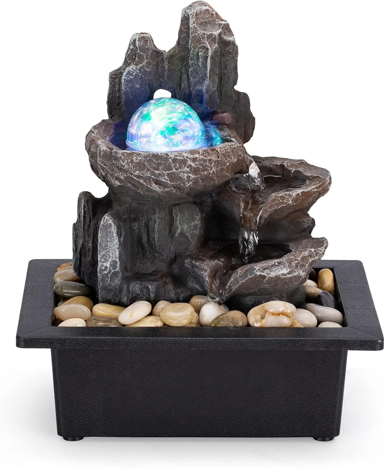 Tabletop Fountain Rotating Ball Rock Waterfall Fountain Office Tabletop Fountains for  Office Decor Includes Many  River Rocks Decorated with Colorful Lights and Rolling Ball