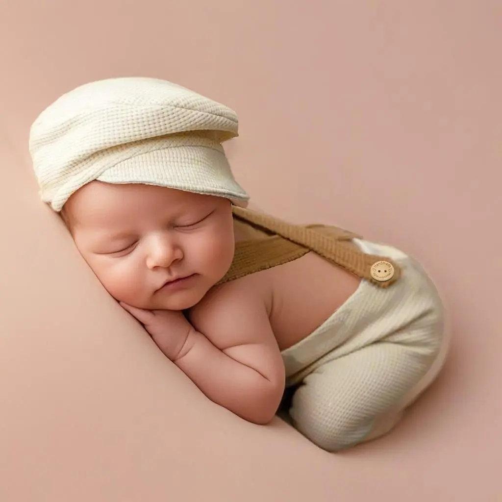 Newborn Photography Outfits Boy Baby Boy Photoshoot Set 2Pcs Baby Photography Props Newborn Gentleman Suit Photography Outfits Boy Suspender Pants with Beret Hat 0-3 Months (Cream) Gift Sets