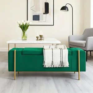 Elegant Upholstered Velvet Storage Bench with Cylindrical Arms and Iron Legs for Hallway Living Room Bedroom, Green