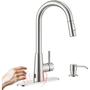 Touchless Kitchen Faucet with Soap Dispenser and Pull Down Sprayer 2 Modes, Brushed Nickel Motion Sensor Hands-Free Sink Faucets with cUPC Certified Water Hoses No Lead, S304 Stainless Steel