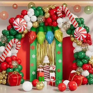 145Pcs Christmas Balloon Garland Arch Kit with Red White Green Gold Confetti Candy Cane Gift Box Balloons for Christmas Party Decorations New Year Party Supplies
