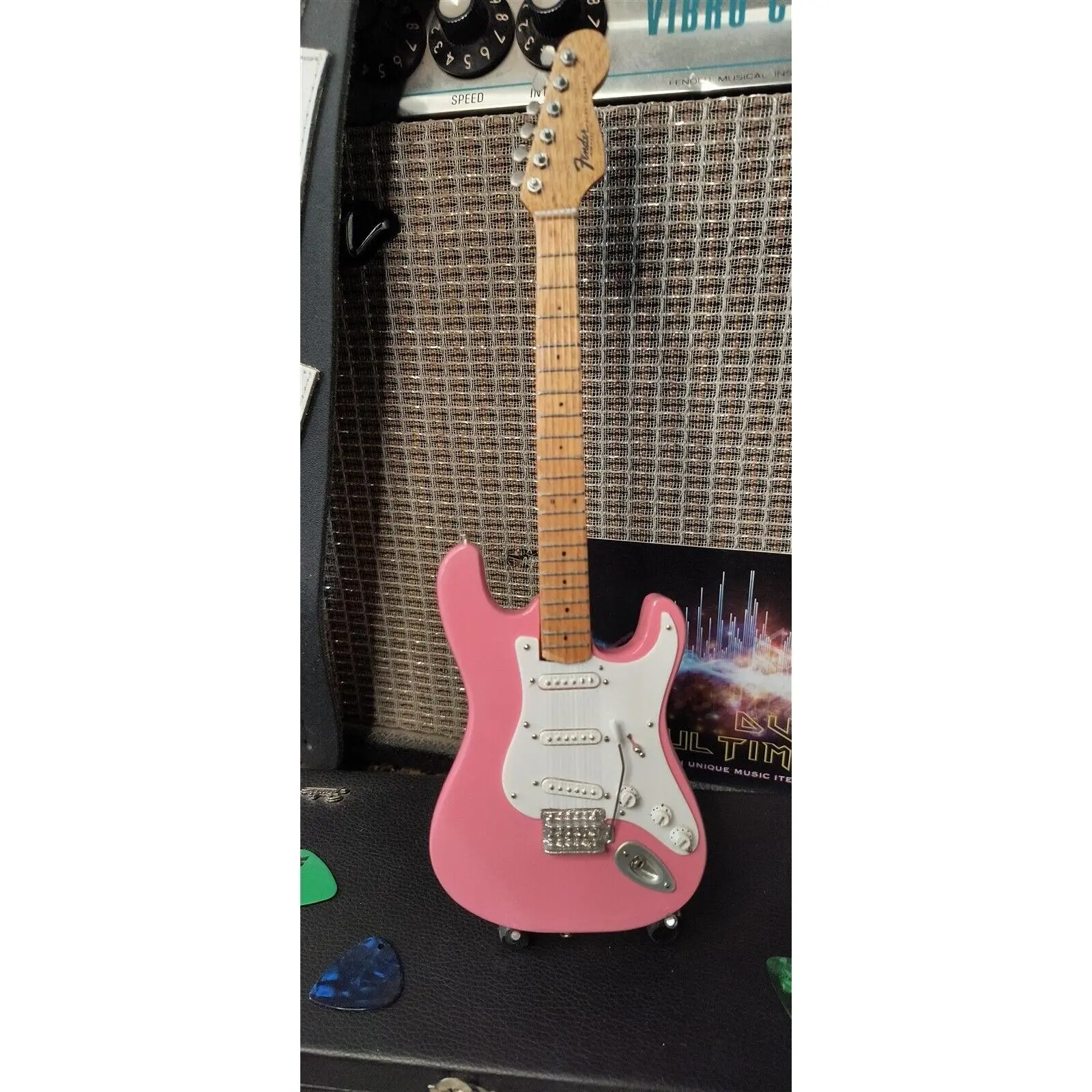 Authentic and Licensed Fender Pink Stratocaster 1:4 Scale Distressed Metal Miniature Guitar - Solid Wood Accents, White Pickguard, 10.5 in Adjustable Collectible, Indoor Decor for Music Fans, Gift with Box
