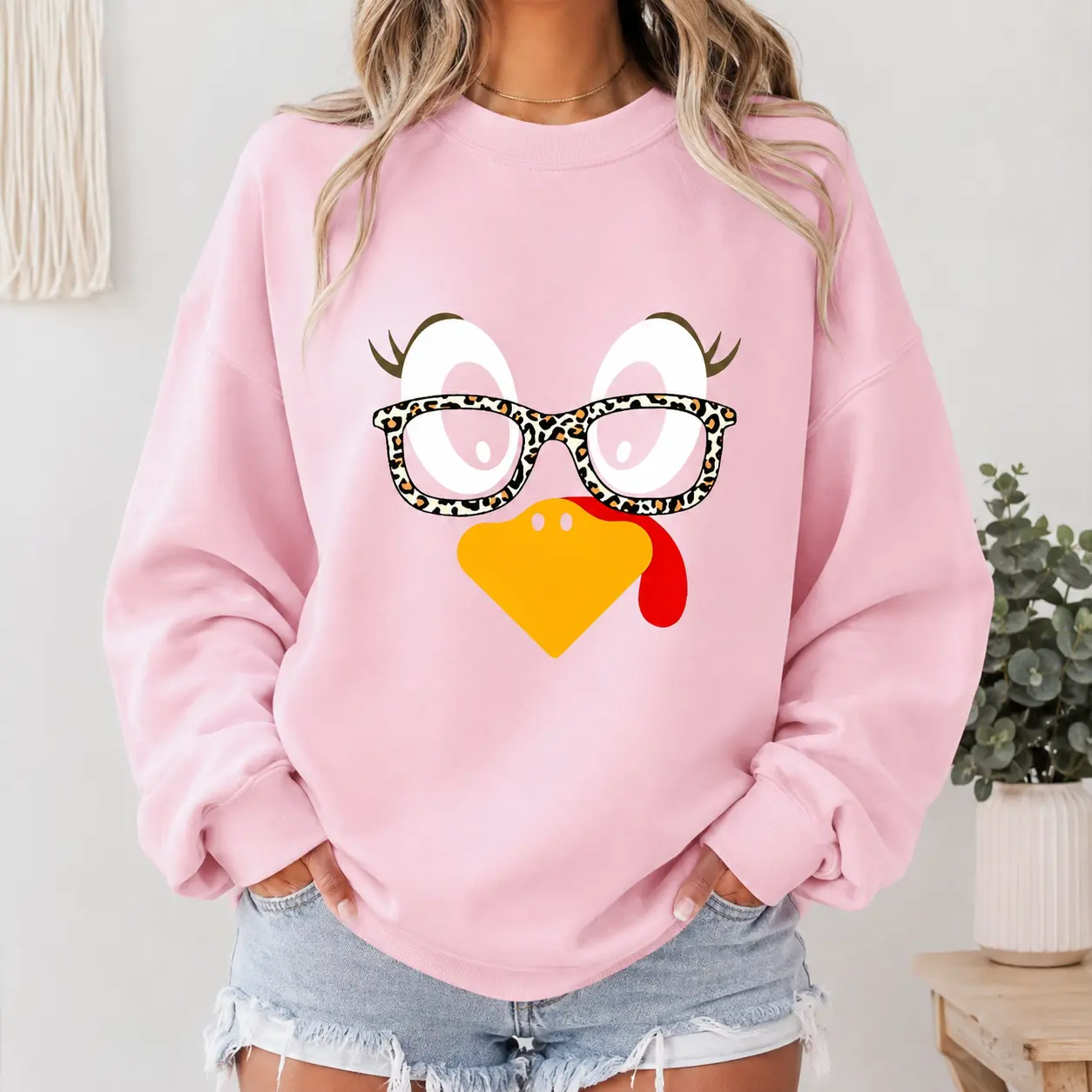 Cute Turkey Face Leopard Glasses Graphic Sweatshirt and T-Shirt, Funny Thanksgiving Turkey Face Costume Shirt, Fall Autumn Teacher Crewneck Tee, Thanksgiving Family Gift Apparel
