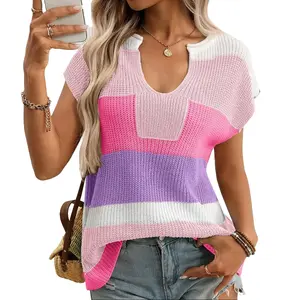 Womens Tops V Neck Short Sleeve Sweater Striped Color Block Pullover Cap Sleeve Shirts