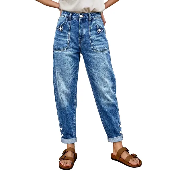 Flamingals Wash Button Decor Roll Hem High Rise Crop Tapered Jeans Womenswear Stretchy 25.2" Inseam