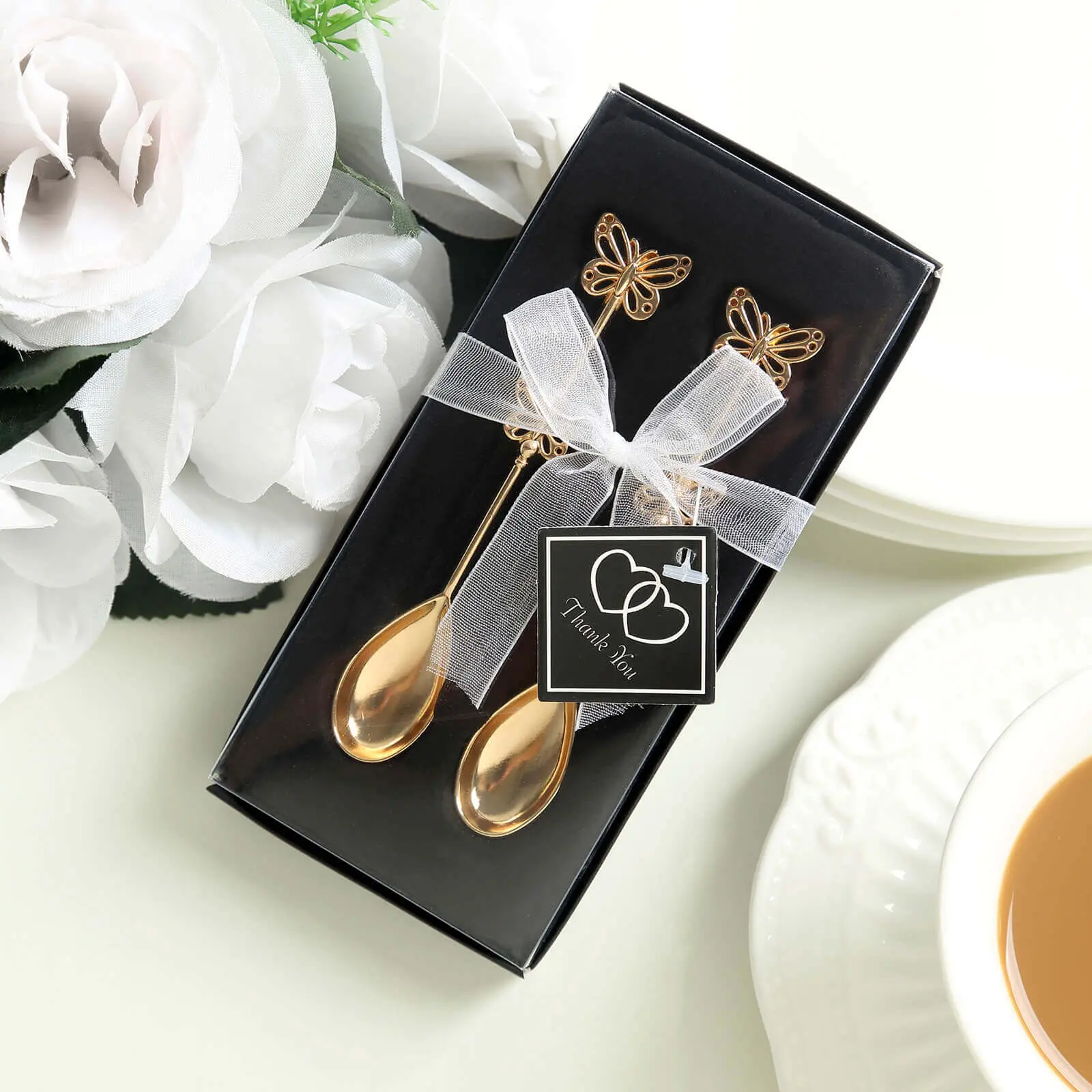 Gold Plated Coffee & Espresso Spoons (5-Pack) with Gold Metal Butterfly Handles, Kitchenware Cutlery Gift Box Set, Ideal for Bridal Party, Birthday Favors, Family Daily Use