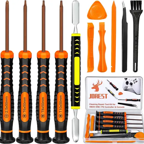 JOREST Repair Kit for Xbox One/360/X PS4 PS3 PS5, PH0 T6 T8 T10 Torx Security Screwdriver, Crowbars,Tweezers, Cleaning Tool for Controller and Console Metal Durable, Comprehensive Kit, Metal Durability, Tool Kit Set